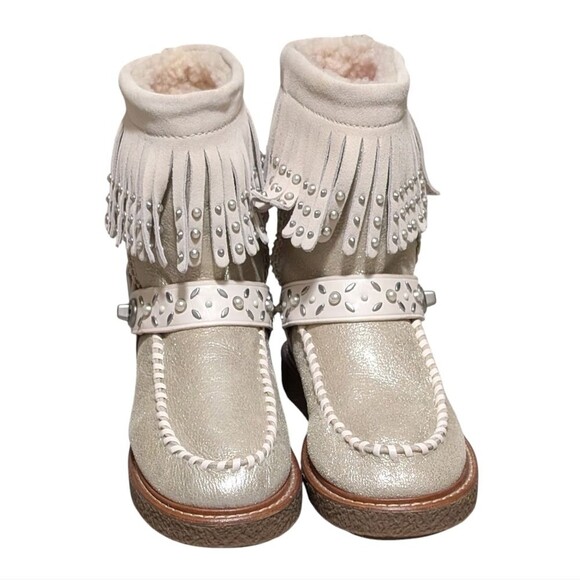 Coach Roccasin Shearling Boot size 6B metallic pearl fringe studded Moccasin - Picture 3 of 12